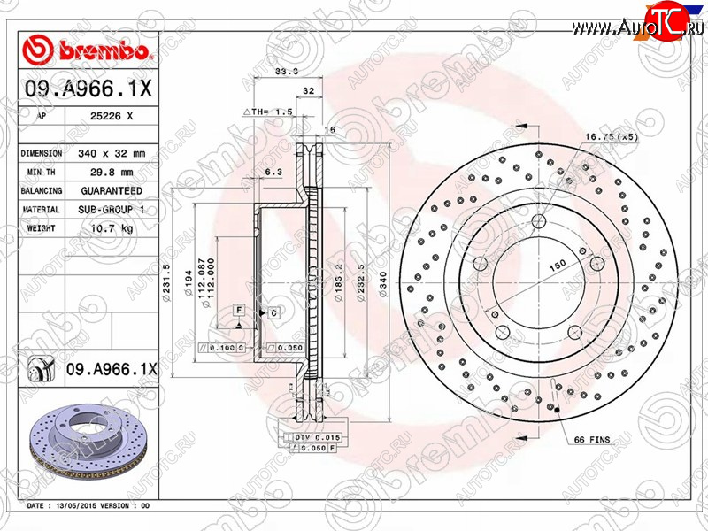 12 999 р. Тормозной передний диск (Ø340) BREMBO  Lexus LX570 J200 дорестайлинг (2007-2012)  с доставкой в г. Калуга