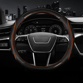Оплетка руля (кожзам+карбон, 37-39 см) Автопилот BLW-006 Nissan Almera седан G15 (2012-2019)  (черный/оранж)
