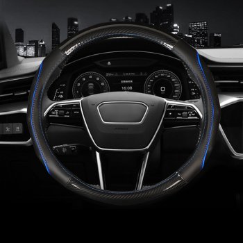 Оплетка руля (кожзам+карбон, 37-39 см) Автопилот BLW-006 Nissan Juke 1 YF15 дорестайлинг (2010-2014)  (черный/синий)