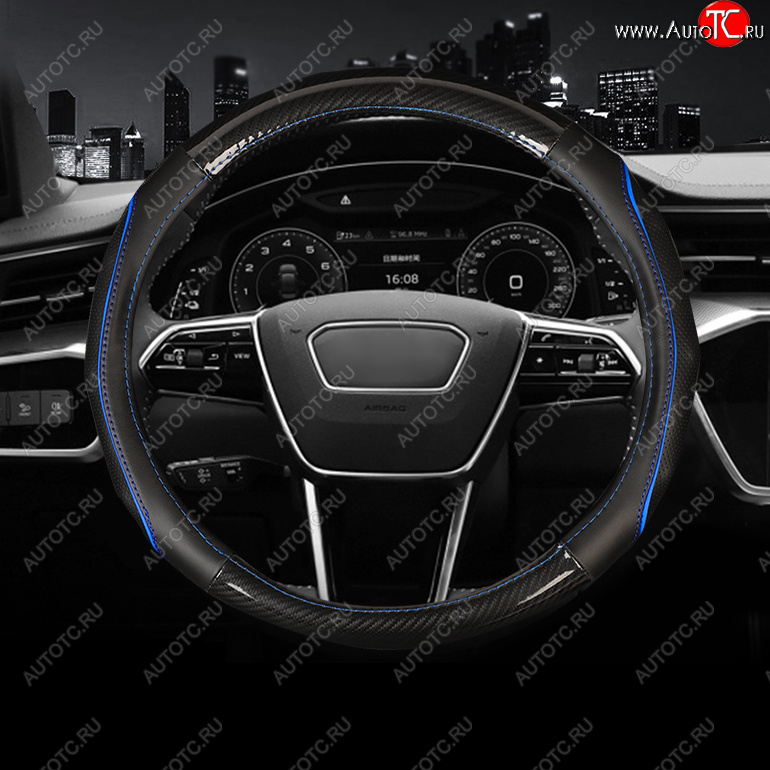 619 р. Оплетка руля (кожзам+карбон, 37-39 см) Автопилот BLW-006 Toyota Corolla Axio (E160) седан дорестайлинг (2012-2016) (черный/синий)  с доставкой в г. Калуга