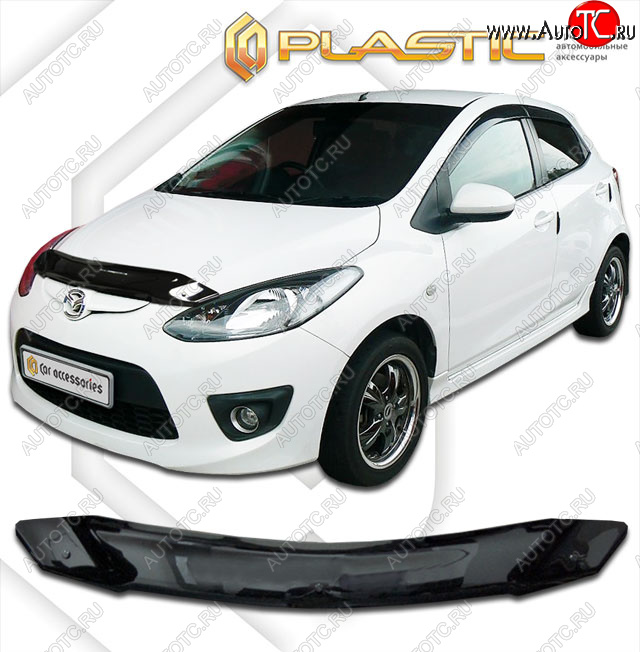 1 849 р. Дефлектор капота CA-Plastic  Mazda 2/Demio  DE (2007-2014) дорестайлинг, рестайлинг (Classic черный, с надписью)  с доставкой в г. Калуга