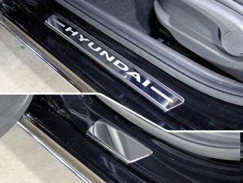3 899 р. Накладки на порожки салона (4 шт) ТСС Тюнинг  Hyundai Solaris  2 (2017-2020) (лист зеркальный, надпись Hyundai)  с доставкой в г. Калуга. Увеличить фотографию 1