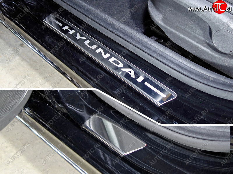 3 899 р. Накладки на порожки салона (4 шт) ТСС Тюнинг  Hyundai Solaris  2 (2017-2020) (лист зеркальный, надпись Hyundai)  с доставкой в г. Калуга