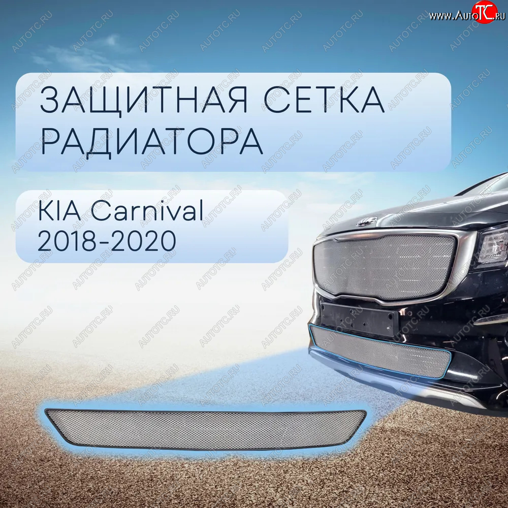 2 999 р. Защитная сетка в бампер (низ, ячейка 3х7 мм) Alfeco Стандарт  KIA Carnival  YP (2018-2020) минивэн рестайлинг (Хром)  с доставкой в г. Калуга