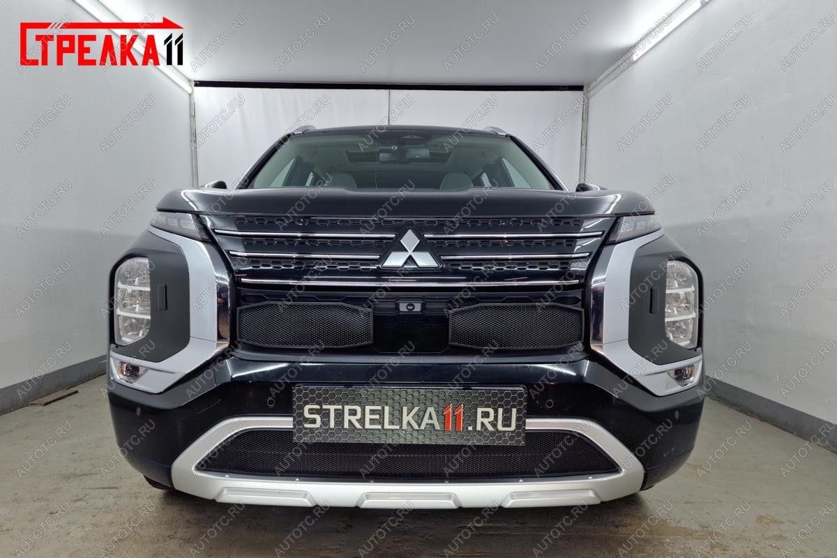 7 249 р. Защита радиатора (3 части) Стрелка11 Стандарт  Mitsubishi Outlander  GF (2018-2022) 3-ий рестайлинг (хром)  с доставкой в г. Калуга