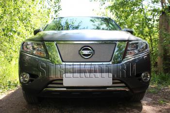 3 399 р. Защита радиатора (верх) Стрелка11 Стандарт Nissan Pathfinder R52 дорестайлинг (2012-2017) (хром)  с доставкой в г. Калуга. Увеличить фотографию 2