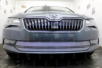 4 799 р. Защита радиатора (2 части) Стрелка11 Стандарт  Skoda Superb ( B8 (3V),  B8 (3V5)) (2015-2019) лифтбэк дорестайлинг, универсал дорестайлинг (хром)  с доставкой в г. Калуга. Увеличить фотографию 2