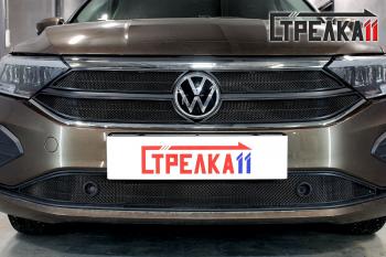 4 849 р. Защита радиатора (верх 4 части) Exclusive Стрелка11 Стандарт Volkswagen Polo Mk6 лифтбек (2020-2022) (черная)  с доставкой в г. Калуга. Увеличить фотографию 1