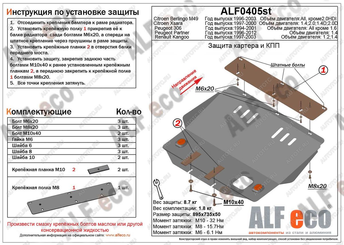 4 099 р. Защита топливного бака (V-1.4) ALFECO  Peugeot Partner Origin  минивэн (1996-2012) (сталь 2 мм)  с доставкой в г. Калуга