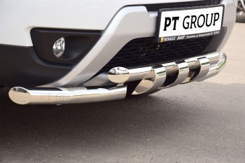 Защита переднего бампера двойная с зубьями из труб d63/63 мм Petroil Tuning Renault Duster HS рестайлинг (2015-2021)  (Нержавеющая полированная сталь)