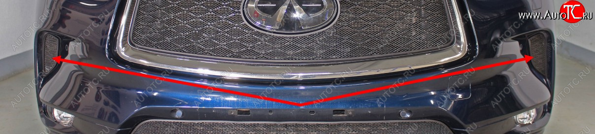 1 779 р. Защитная сетка радиатора в передний бампер (ячейка 3х7 мм, боковые 2 части) Стрелка11 Стандарт INFINITI Qx50 (2018-2024) (цвет: черный)  с доставкой в г. Калуга