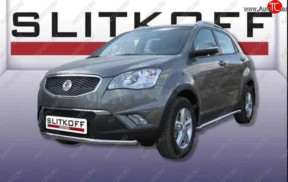 10 099 р. Одинарная защита переднего бампера Slitkoff 57мм  SSANGYONG Actyon (2010-2013) дорестайлинг (Цвет: нержавеющая полированная сталь)  с доставкой в г. Калуга