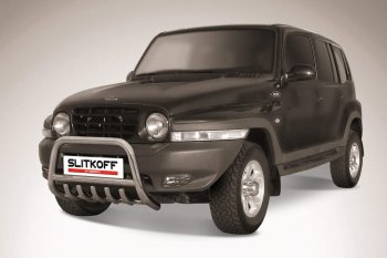 Защита переднего бампера Slitkoff (низкая с защитой картера, d57 мм) ТАГАЗ Tager 5d (2008-2012)  (Нержавейка)