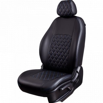 Чехлы для сидений Lord Autofashion Турин Ромб (экокожа, 60/40, подлокотник, отд. бок, 2 П- и 1 Г-образных подголовника) Toyota (Тойота) Corolla (Королла)  E150 (2006-2013) E150 седан дорестайлинг, седан рестайлинг  (Черный, вставка черная, строчка синяя)