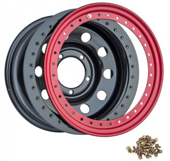 Штампованый диск OFF-ROAD Wheels (стальной усиленный с бедлоком, круг - черный/красный). 10.0 x 16 