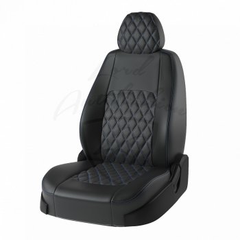 Чехлы для сидений Lord Autofashion Турин Ромб (экокожа) Лада Веста Кросс 2180 седан дорестайлинг (2018-2022)  (Чёрный, вставка чёрная, строчка синяя)
