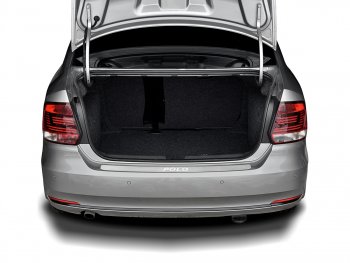 2 099 р. Защитная накладка заднего бампера Russtal  Volkswagen Polo  5 (2015-2020) (Нержавейка шлифованная с надписью)  с доставкой в г. Калуга. Увеличить фотографию 1