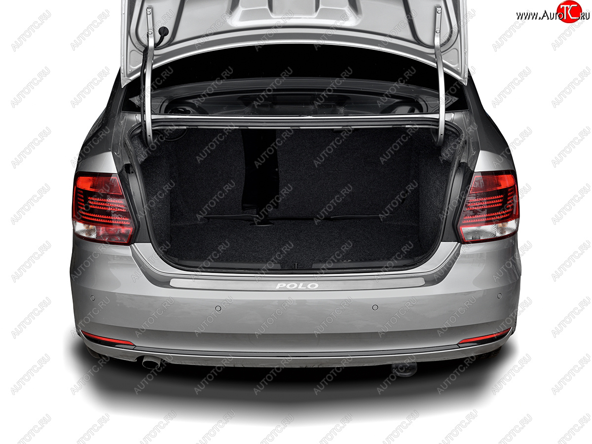 2 099 р. Защитная накладка заднего бампера Russtal  Volkswagen Polo  5 (2015-2020) (Нержавейка шлифованная с надписью)  с доставкой в г. Калуга